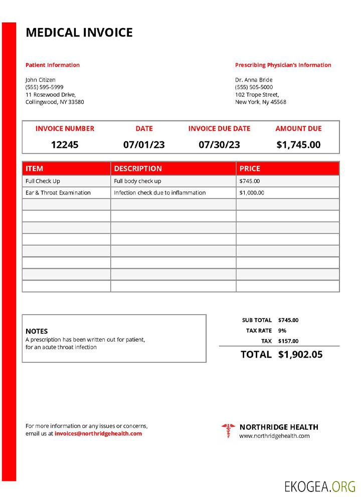 Modèle de facture médicale du Northridge Health Center des États , Unis, New York